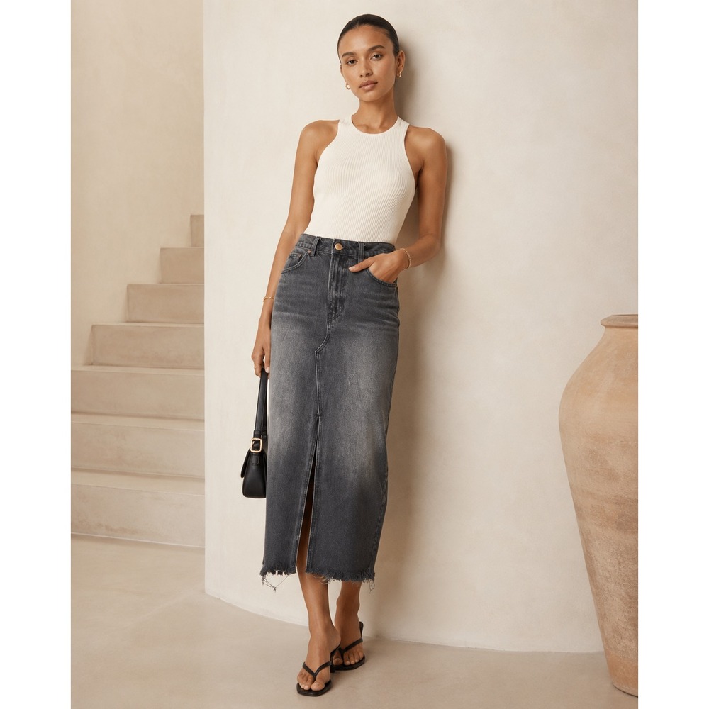 Reformation Nila Long Denim Skirt Front Slit Raw Hem Faded Washed Black Size 28